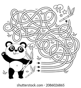 Maze or Labyrinth Game. Puzzle. Tangled road. Coloring Page Outline Of cartoon little panda with bamboo twigs. Coloring book for kids.