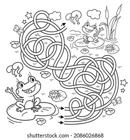 Maze or Labyrinth Game. Puzzle. Tangled road. Coloring Page Outline Of cartoon little frogs. Two fun friends. Coloring book for kids.