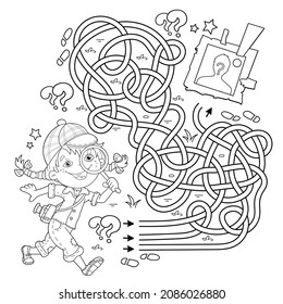 Maze or Labyrinth Game. Puzzle. Tangled road. Coloring Page Outline Of cartoon girl detective with loupe. Young Sherlock Holmes. Coloring book for kids.