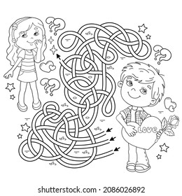 Maze or Labyrinth Game. Puzzle. Tangled road. Coloring Page Outline Of cartoon boy with heart and cute girl. Valentine's day. Coloring book for kids.