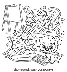 Maze or Labyrinth Game. Puzzle. Tangled road. Coloring Page Outline Of cartoon little dog with with brush and paints. Little artist with easel. Coloring book for kids.