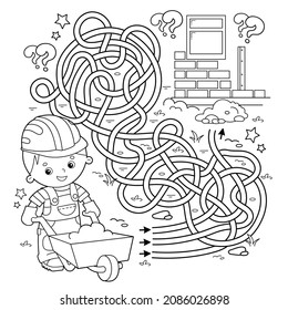 Maze or Labyrinth Game. Puzzle. Tangled road. Coloring Page Outline Of cartoon builder with handcart. Construction. Profession. Coloring book for kids.