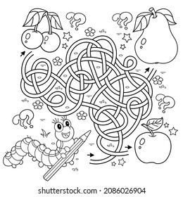 Maze or Labyrinth Game. Puzzle. Tangled road. Coloring Page Outline Of cartoon fun caterpillars with fruits. Coloring book for kids.