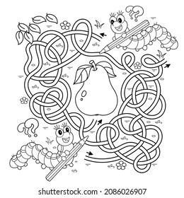 Maze or Labyrinth Game. Puzzle. Tangled road. Coloring Page Outline Of cartoon fun caterpillars with pear. Coloring book for kids.