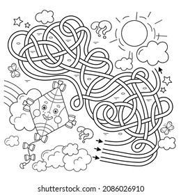 Maze or Labyrinth Game. Puzzle. Tangled road. Coloring Page Outline Of cartoon cheerful fly kite high in the sky. Coloring book for kids.