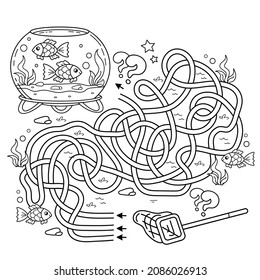 Maze or Labyrinth Game. Puzzle. Tangled road. Coloring Page Outline Of cartoon round glass aquarium with color fish. Coloring book for kids.