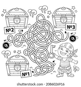 Maze or Labyrinth Game. Puzzle. Tangled road. Coloring Page Outline Of cartoon little pirate with treasure chest. Coloring book for kids.