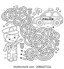 Maze or Labyrinth Game. Puzzle. Tangled road. Coloring Page Outline Of cartoon policeman with car. Profession - police. Coloring book for kids.