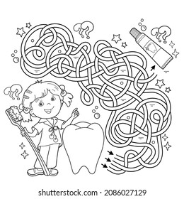 Maze or Labyrinth Game. Puzzle. Tangled road. Coloring Page Outline Of cartoon girl with toothbrush and toothpaste. Coloring book for kids.