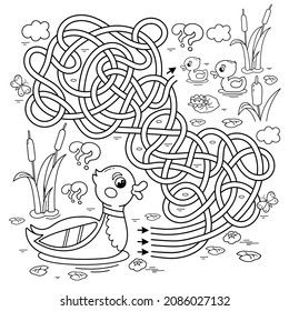 Maze or Labyrinth Game. Puzzle. Tangled road. Coloring Page Outline Of cartoon duck with little ducklings. Coloring book for kids.