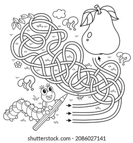 Maze or Labyrinth Game. Puzzle. Tangled road. Coloring Page Outline Of cartoon fun caterpillar with pear. Coloring book for kids.