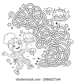 Maze or Labyrinth Game. Puzzle. Tangled road. Coloring Page Outline Of cartoon fun boy chef with cake. Little cook or scullion. Profession. Coloring book for kids.