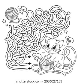 Maze or Labyrinth Game. Puzzle. Tangled road. Coloring Page Outline Of cartoon cat with ball of yarn. Coloring book for kids.