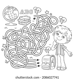 Maze or Labyrinth Game. Puzzle. Tangled road. Coloring Page Outline Of cartoon boy with school supplies. Coloring book for kids.