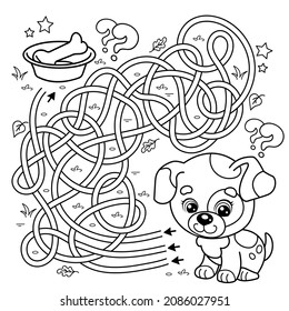 Maze or Labyrinth Game. Puzzle. Tangled road. Coloring Page Outline Of cartoon little dog with bone. Puppy. Coloring book for kids.