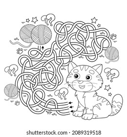 Maze or Labyrinth Game. Puzzle. Tangled road. Coloring Page Outline Of cartoon cat with ball of yarn. Coloring book for kids.
