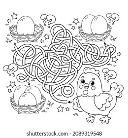 Maze or Labyrinth Game. Puzzle. Tangled road. Coloring Page Outline Of cartoon chicken with eggs. Coloring book for kids.