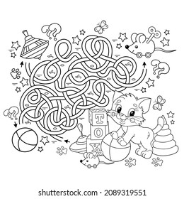 Maze or Labyrinth Game. Puzzle. Tangled road. Coloring Page Outline Of cartoon little cat with toys. Kitten. Coloring book for kids.