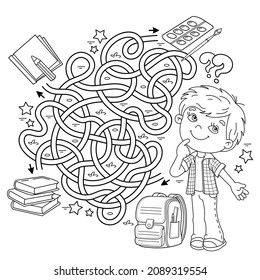 Maze or Labyrinth Game. Puzzle. Tangled road. Coloring Page Outline Of cartoon boy with school supplies. Coloring book for kids.