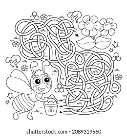 Maze or Labyrinth Game. Puzzle. Tangled road. Coloring Page Outline Of cartoon little bee with bucket of honey. Coloring book for kids.