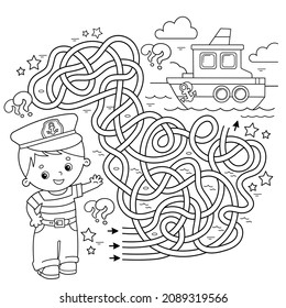 Maze or Labyrinth Game. Puzzle. Tangled road. Coloring Page Outline Of cartoon sailor next to the ship. Profession. Coloring book for kids. Coloring book for kids.