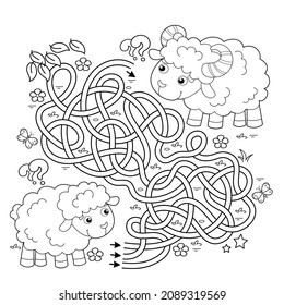 Maze or Labyrinth Game. Puzzle. Tangled road. Coloring Page Outline Of cartoon sheep with little lamb. Farm animals with their cubs. Coloring book for kids.