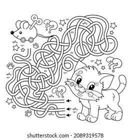 Maze or Labyrinth Game. Puzzle. Tangled road. Coloring Page Outline Of cartoon little cat with toy clockwork mouse. Coloring book for kids.