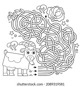 Maze or Labyrinth Game. Puzzle. Tangled road. Coloring Page Outline Of cartoon goat with cabbage. Farm animals. Coloring book for kids.