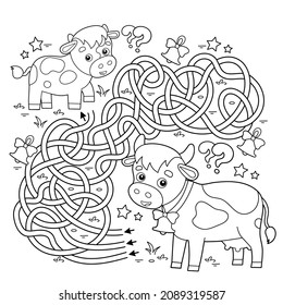 Maze or Labyrinth Game. Puzzle. Tangled road. Coloring Page Outline Of cartoon cow with little calf. Farm animals with their cubs. Coloring book for kids.