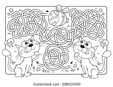 Maze or Labyrinth Game. Puzzle. Tangled road. Coloring Page Outline Of cartoon cats with sausage. Coloring book for kids.