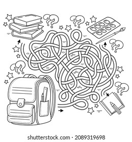 Maze or Labyrinth Game. Puzzle. Tangled road. Coloring Page Outline Of cartoon children satchel or knapsack with books or textbooks. School supplies. Coloring book for kids.