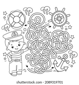 Maze oder Labyrinth Game. Rätsel. Tangled Road. Farbseite Umriss von Cartoon Seemann mit Anker, Lenkrad und Lifebuoy. Beruf. Farbbuch für Kinder. 