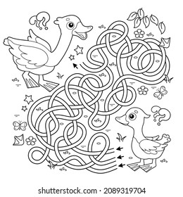 Maze or Labyrinth Game. Puzzle. Tangled road. Coloring Page Outline Of cartoon goose with gosling. Farm animals. Coloring book for kids.