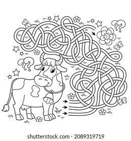 Maze or Labyrinth Game. Puzzle. Tangled road. Coloring Page Outline Of cartoon cow with bell. Collect flowers. Coloring book for kids.