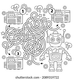 Juego de laberinto o laberinto. Rompecabezas. Camino enmarañado. Esquema De La Página De Colores Del Robot De Dibujo. Libro de colorear para niños.