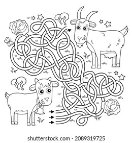 Maze or Labyrinth Game. Puzzle. Tangled road. Coloring Page Outline Of cartoon goat with goatling or kid. Farm animals with their cubs. Coloring book for kids.