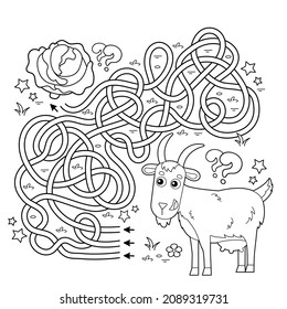 Maze or Labyrinth Game. Puzzle. Tangled road. Coloring Page Outline Of cartoon goat with cabbage. Farm animals. Coloring book for kids.