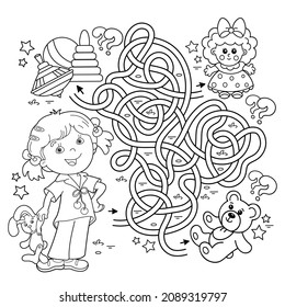 Maze or Labyrinth Game. Puzzle. Tangled road. Coloring Page Outline Of cartoon girl with toys. Coloring book for kids.