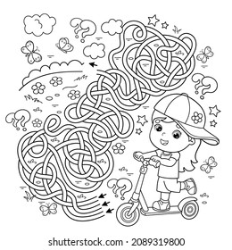 Maze or Labyrinth Game. Puzzle. Tangled road. Coloring Page Outline Of cartoon girl with scooter. Sport activity. Coloring book for kids.