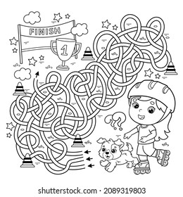 Maze or Labyrinth Game. Puzzle. Tangled road. Coloring Page Outline Of cartoon girl on roller skates with dog. Sport activity. Coloring book for kids.
