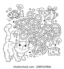 Maze or Labyrinth Game. Puzzle. Tangled road. Coloring Page Outline Of cartoon cat with sausage, fish and cheese. Coloring book for kids.