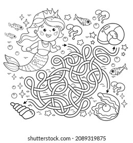 Maze or Labyrinth Game. Puzzle. Tangled road. Coloring Page Outline Of cartoon beautiful little mermaid with shells. Marine princess. Underwater world. Coloring book for kids.