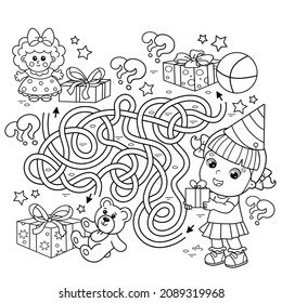 Maze or Labyrinth Game. Puzzle. Tangled road. Coloring Page Outline Of cartoon little girl with gifts and with toys. Birthday. Coloring book for kids.