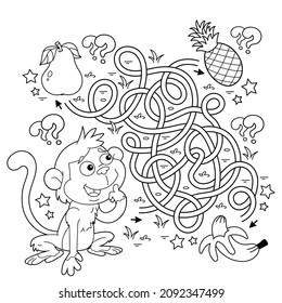 Maze or Labyrinth Game. Puzzle. Tangled road. Coloring Page Outline Of cartoon little monkey with food. Coloring book for kids.