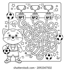 Maze or Labyrinth Game. Puzzle. Tangled road. Coloring Page Outline Of cartoon cat with soccer ball. Football. Sport activity. Coloring book for kids.