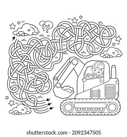 Maze or Labyrinth Game. Puzzle. Tangled road. Coloring Page Outline Of cartoon crawler excavator. Construction vehicles. Profession. Coloring book for kids.