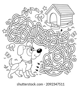 Maze or Labyrinth Game. Puzzle. Tangled road. Coloring Page Outline Of cartoon little dog with doghouse or kennel. Coloring book for kids.
