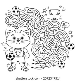 Maze or Labyrinth Game. Puzzle. Tangled road. Coloring Page Outline Of cartoon cat with soccer ball. Football. Sport activity. Coloring book for kids.