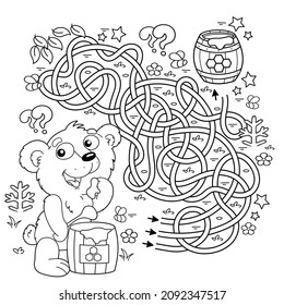 Maze or Labyrinth Game. Puzzle. Tangled road. Coloring Page Outline Of cartoon little bear cub with barrel of honey. Coloring book for kids.