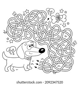 Maze or Labyrinth Game. Puzzle. Tangled road. Coloring Page Outline Of cartoon little dog with bone. Dachshund puppy. Coloring book for kids.